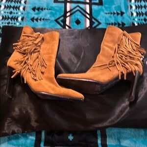 Predictions Tan Heeled Boots with Fringe